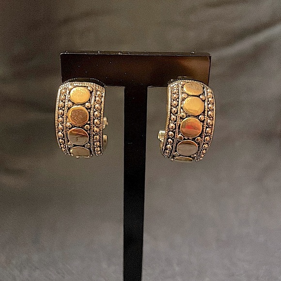 Beautiful gold and silver tone hoops. Gold circular design with one piece clasp. - Picture 9 of 12